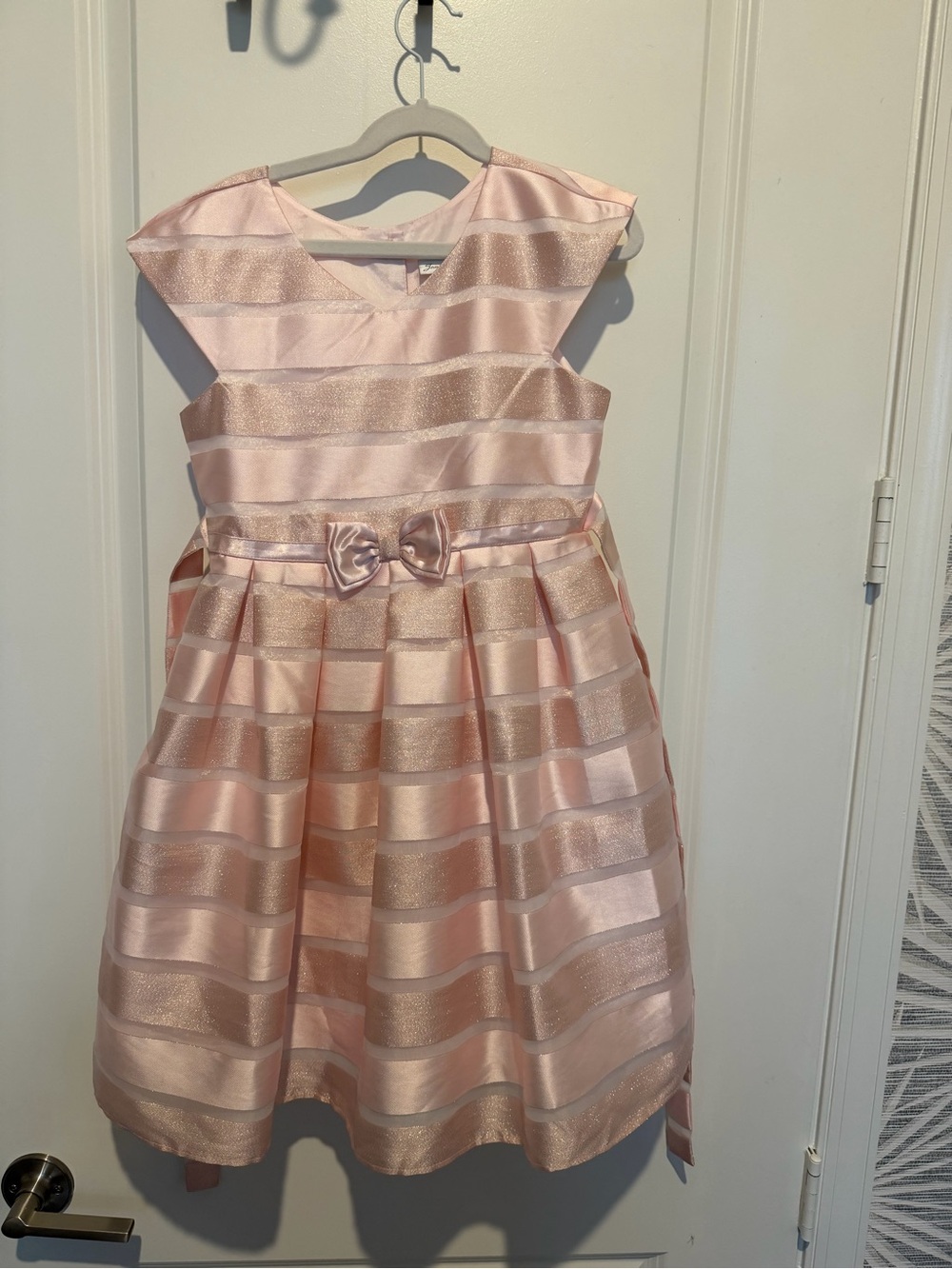 Jona Michelle Pink Shimmer Stripe Formal Dress with Bow